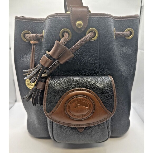 Vintage Dooney & Bourke Drawstring Bucket Bag Backpack Black Brown Leather - Picture 1 of 13